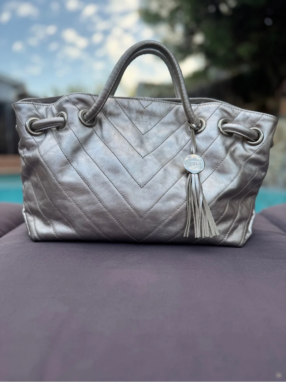 Furla Metallic Silver Leather Chevron Quilted Tote Tassel Bag VGUC Y2K